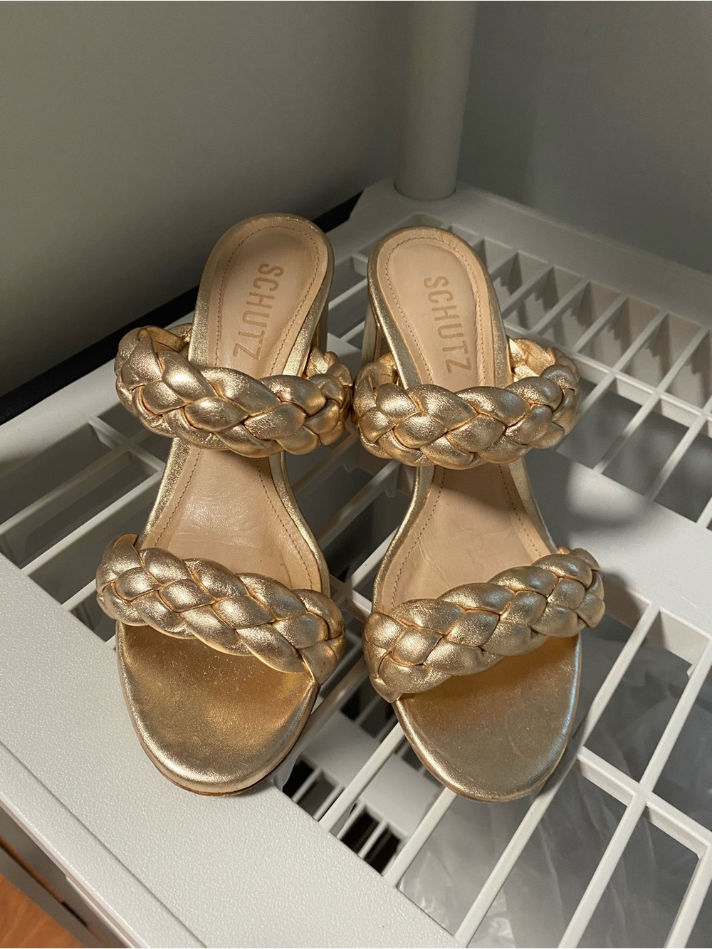 SCHUTZ Metallic Gold Braided Double-Strap Heels